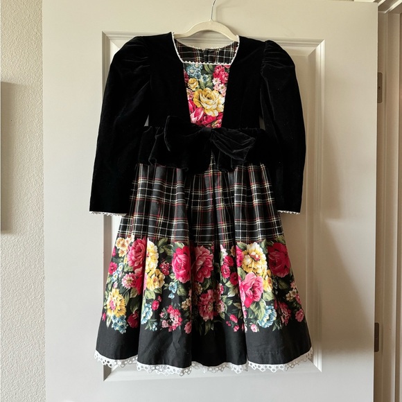 Vintage Daisy Kingdom Floral Tartan Plain Velvet Dress Size 7 Girls EUC - Picture 1 of 4